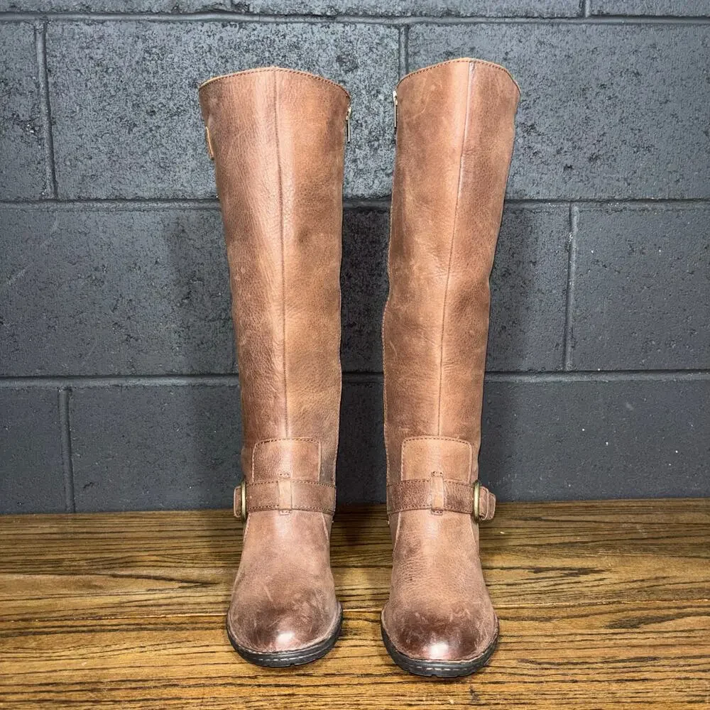 Born Tall Leather Boots Brown Riding Buckle Stacked Heel Size 8.5 - Picture 3 of 11